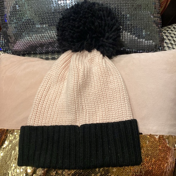 Kate Spade Pink Logo Black Pom Pom Hat Never Used